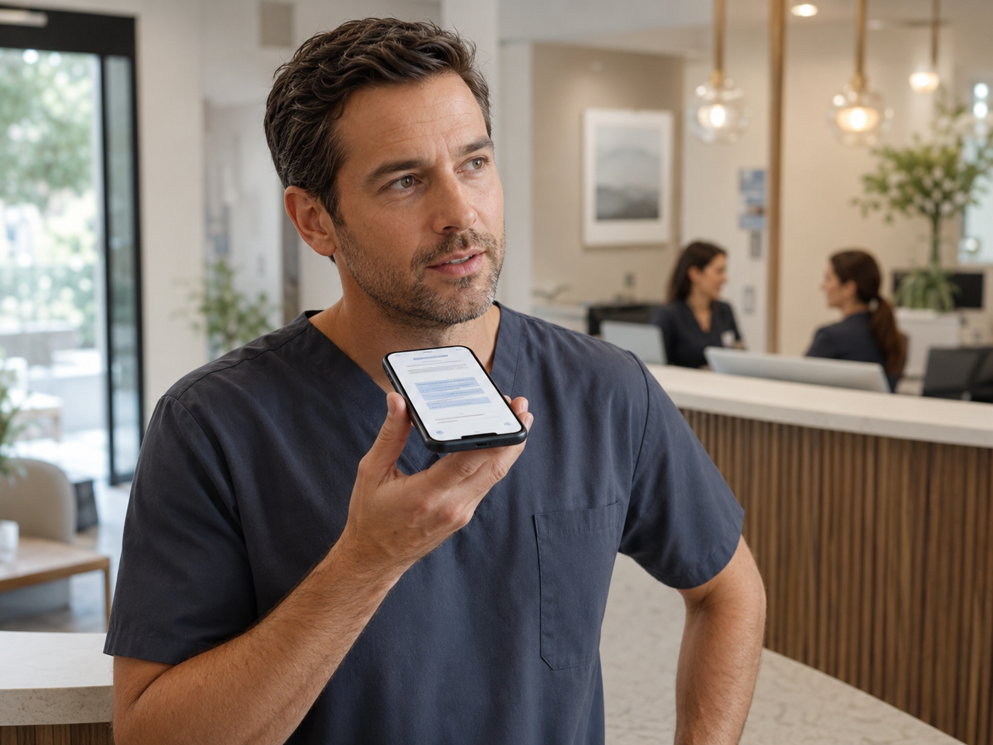 Dentist using voice search on an iPhone in a modern dental office reception area