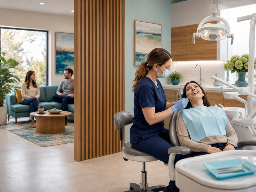 Dental hygienist treating a smiling patient in a modern operatory with a waiting area behind